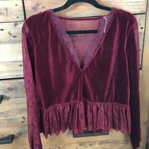 Free People maroon blouse with lace detail